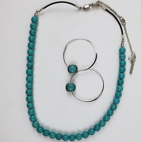 Turquoise Necklace Earrings  Set Beaded Leather Silver Kenneth Cole Adjustable - Picture 1 of 12